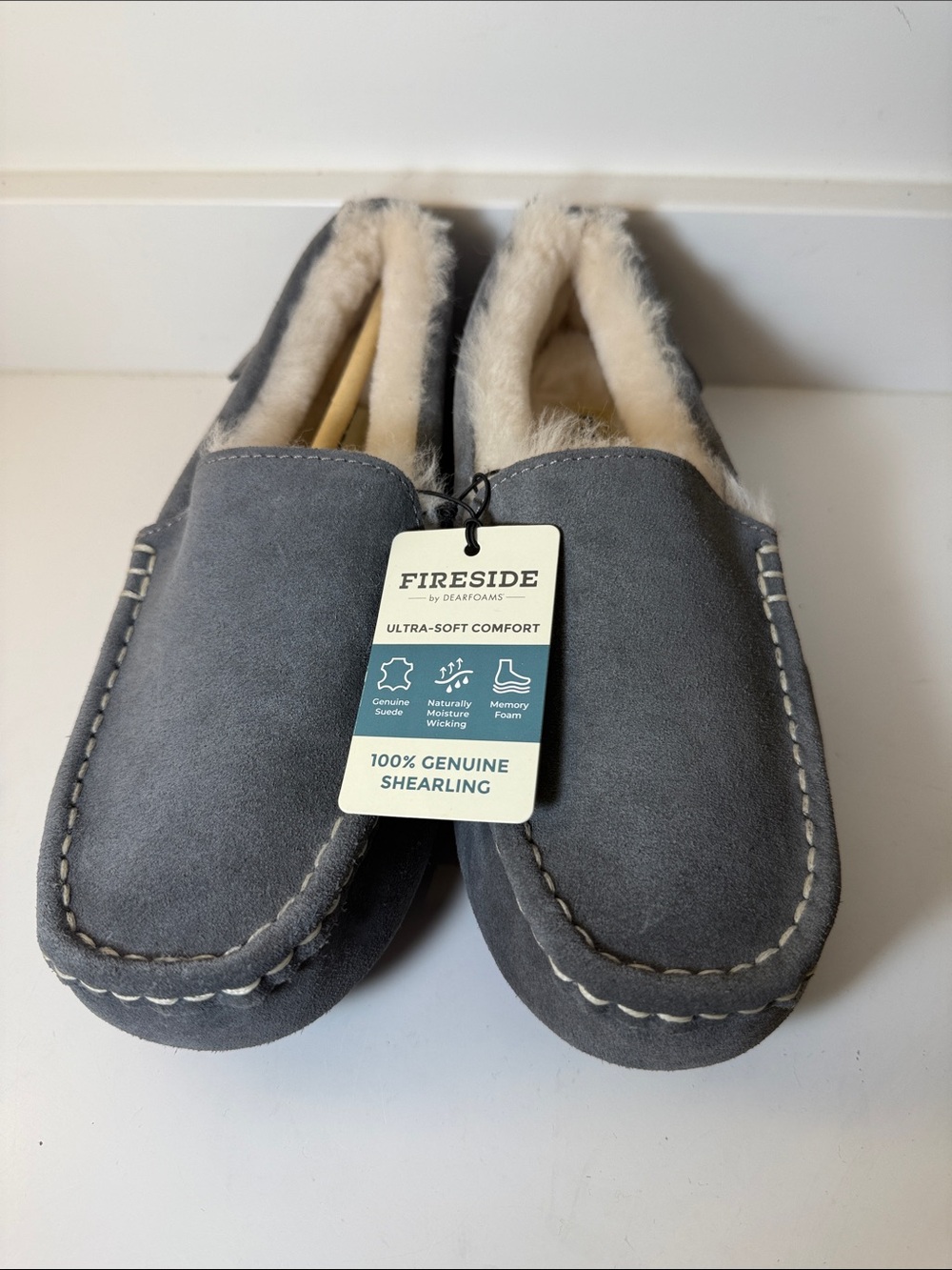 Brand New Fireside Dearfoams Gray Suede Shearling-Lined Slip-Ons - Size 9